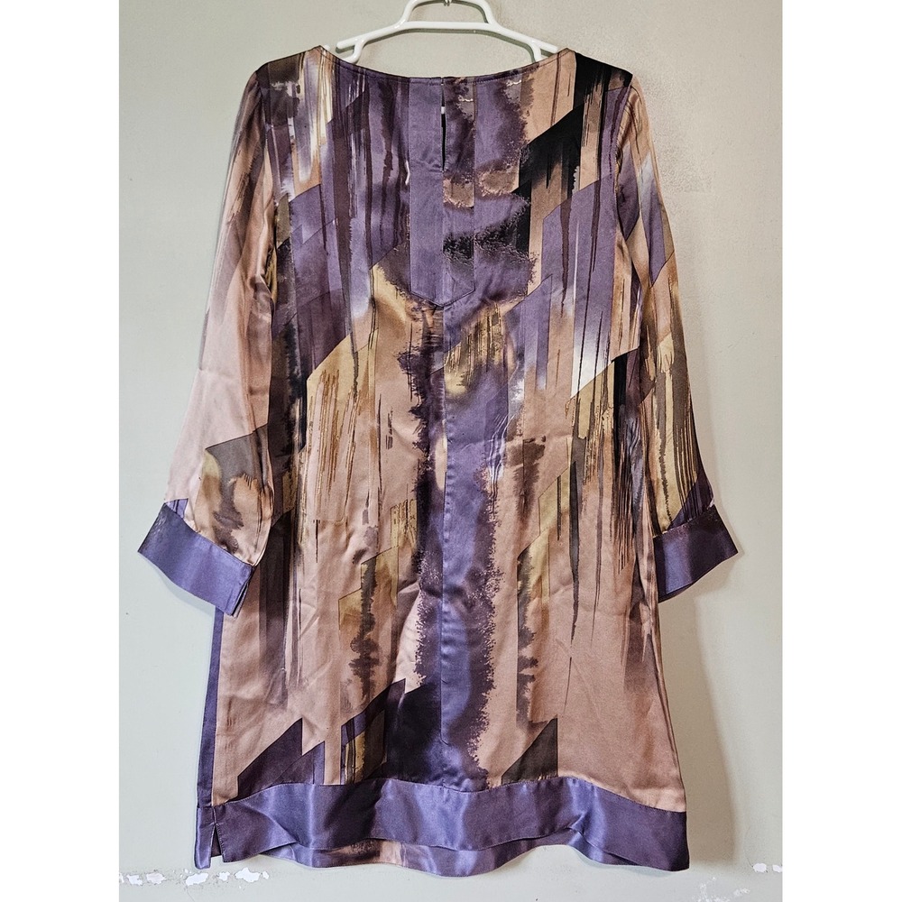 Citron Santa Monica Abstract Geometric Print Tunic Top Purple Tan Silk Blend M - Picture 2 of 9